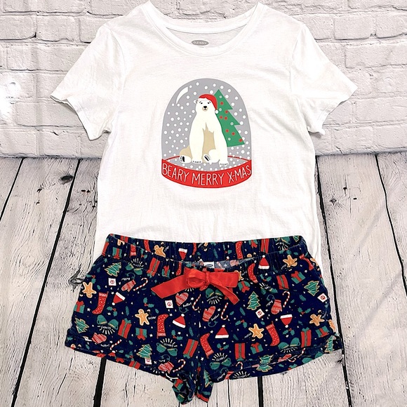Old Navy 2pc matching PJ set BEARY MERRY X-MAS snow globe holiday size medium - Picture 1 of 9